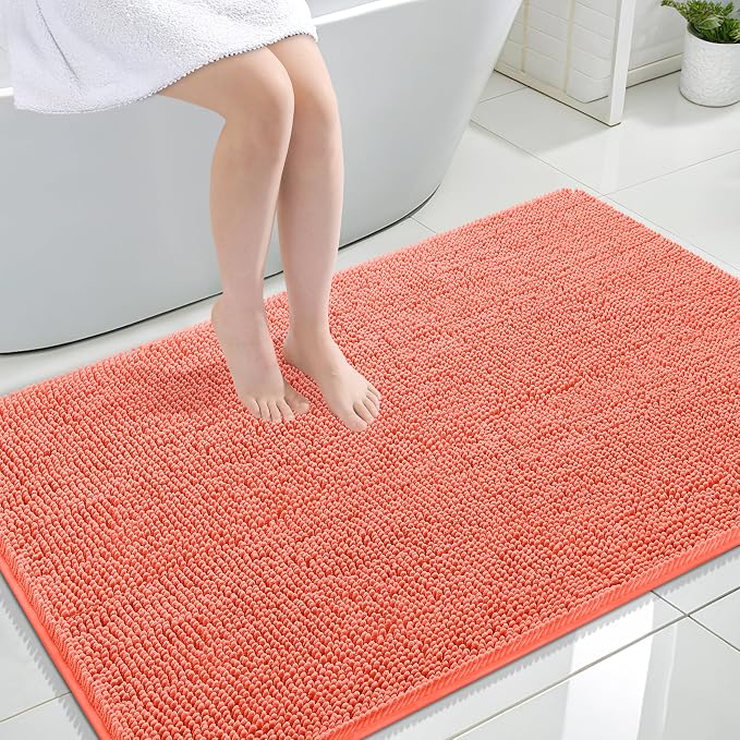 OLANLY Large Bathroom Rugs 44x32, Extra Soft Absorbent Chenille Bath Rugs, Rubber Backing Quick Dry, Machine Washable Bath Mats for Bathroom Floor, Tub and Shower, Home Decor Accessories, Coral