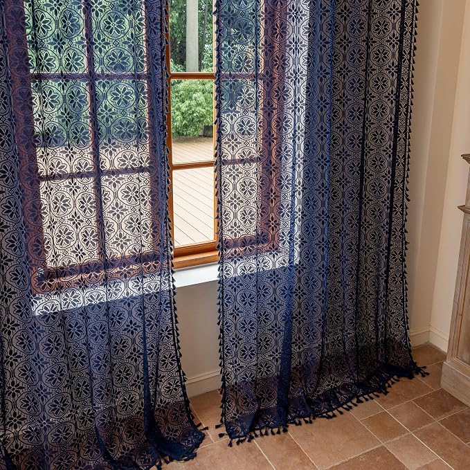 Sutuo Home Navy Blue Boho Sheer Curtains 84 inches Long 2 Panels for Bedroom Living Room, Lace Floral Tassels Curtains Crochet Bohemian Farmhouse Vintage Privacy Window Treatments Rod Pocket, 50" W