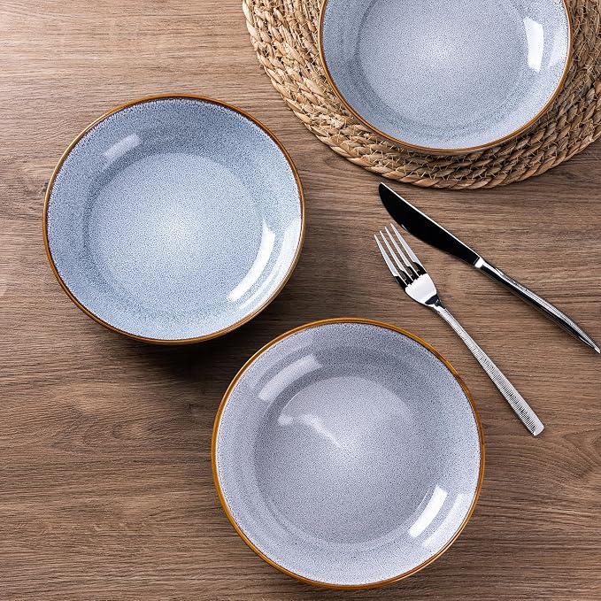 AmorArc 8.5'' Large Pasta Bowls, 36oz Ceramic Salad Serving Bowls Set of 6 for Kitchen, Wide Stoneware Bowls for Pasta, Salad, Fruit, Bread, Microwave Safe, Reactive Glaze-Blue