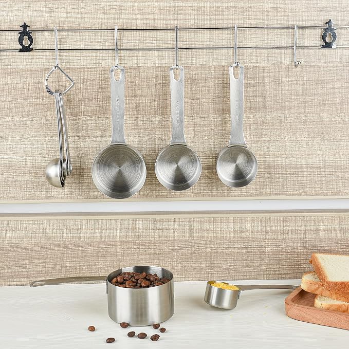 Stainless Steel Measuring Cups and Spoons Set, 18/8(304) Steel Material Heavy Duty 5 Measuring cups and 5 Measuring Spoons 1 Leveler and 2 rings Pack 13pcs Per set