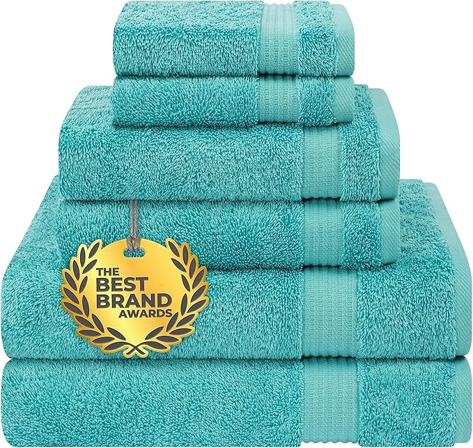 Cotton Paradise 100% Cotton Turkish Towel Set, Soft Absorbent Quick Dry, 6 Piece Towel Set, Turquoise