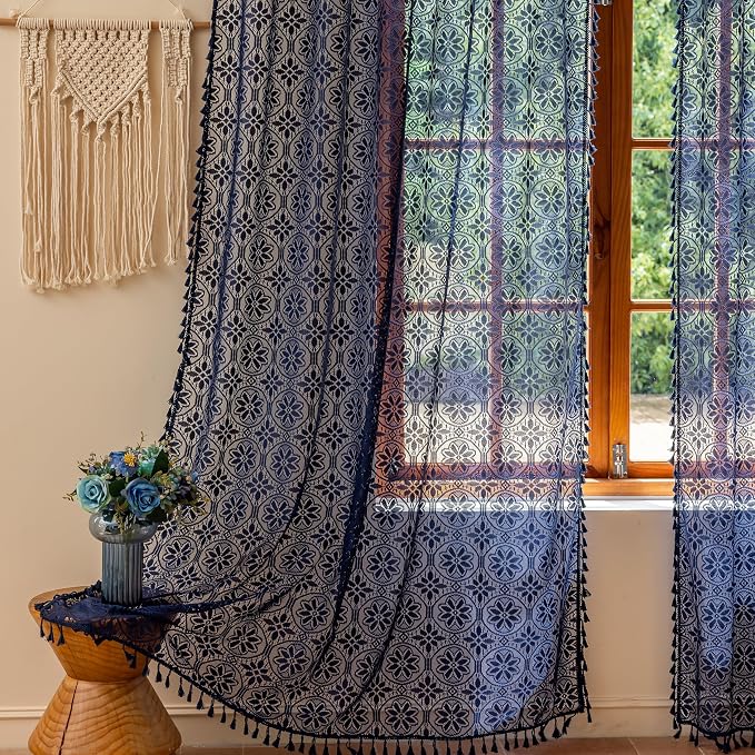 Sutuo Home Navy Blue Boho Sheer Curtains 84 inches Long 2 Panels for Bedroom Living Room, Lace Floral Tassels Curtains Crochet Bohemian Farmhouse Vintage Privacy Window Treatments Rod Pocket, 50" W