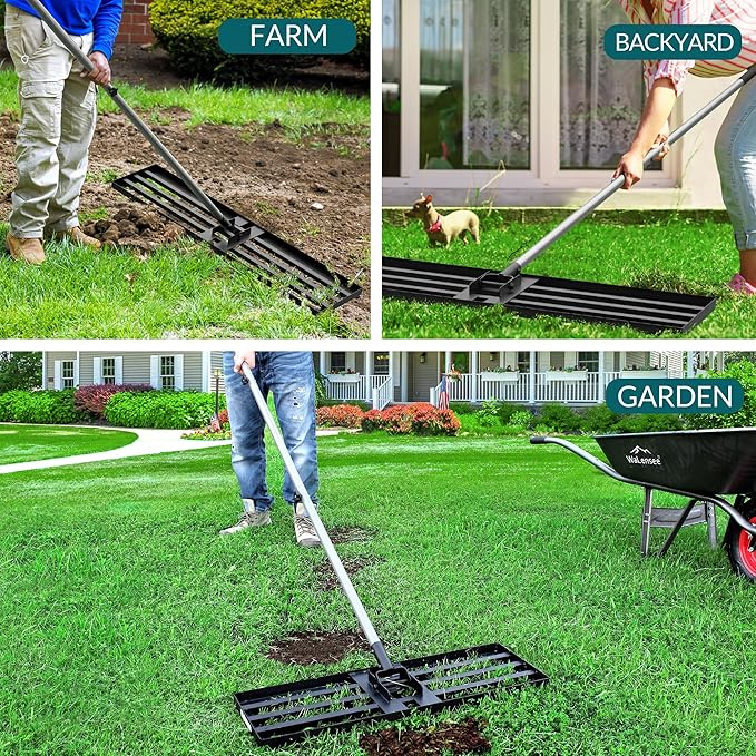 Walensee Lawn Leveling Rake, 30"x10" Leveler with 7FT Handle for Soil | 30X10 Inch Steel Head, Topdressing Spreader, Soil Sand Leveling, Secure Screw Lock Handle, Lawn Repair, Backyard Landscaping