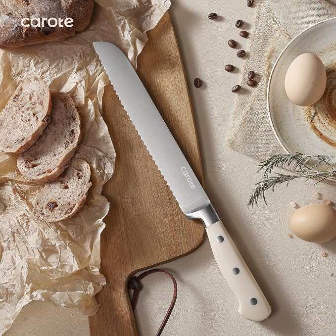 CAROTE 14-Piece Knife Set with Wood Block, Rust-Resistant, Cream | Razor-Sharp High Carbon Stainless Steel Knives, Long-Lasting Sharpness, Forged, Triple-Riveted Ergonomic Non-Slip Handles