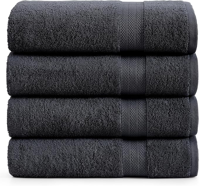 LANE LINEN Large Bath Sheets Absorbent Quick Dry 100% Cotton 4 Pack - Black | Large Bath Sheets - Classic Terry Weave, Densely Woven, Coordinated Colors, Everyday Durability, OEKO-TEX Certified