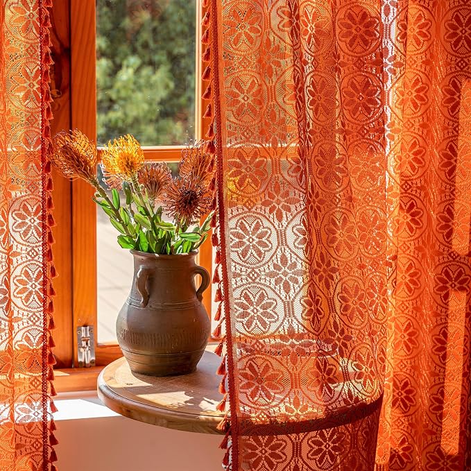 Sutuo Home Terracotta Boho Lace Curtains 72 inches Long,Burnt Orange Sheer Curtains 2 Panels for Bedroom Nursery Privacy Crochet Victorian Vintage Tassels Bohemian Window Treatments Rod Pocket,50" W