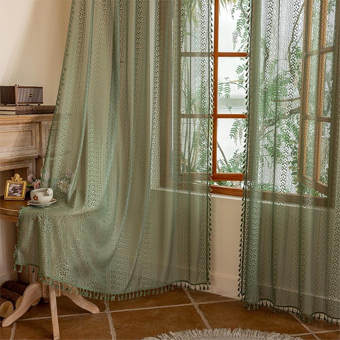 Sutuo Home Olive Green Boho Sheer Curtains 72 Inches Long for Kitchen Bedroom, Lace Curtains Bohemian French Country Privacy Crochet Light Filtering Vintage Tassels Christmas Rod Pocket,2 Panels 50"W