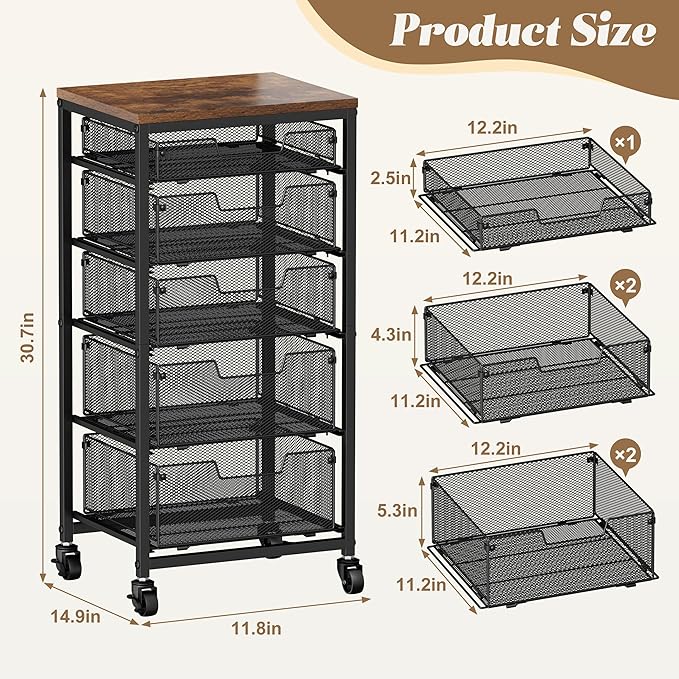 Rolling Cart with Drawers, 5-Drawer Storage Cart on Wheels with Vintage Wooden Top, Heavy Duty Metal Utility Cart, Mobile Craft Art Storage Cart for Kitchen, Bathroom, Office, Bedroom, Art Studio
