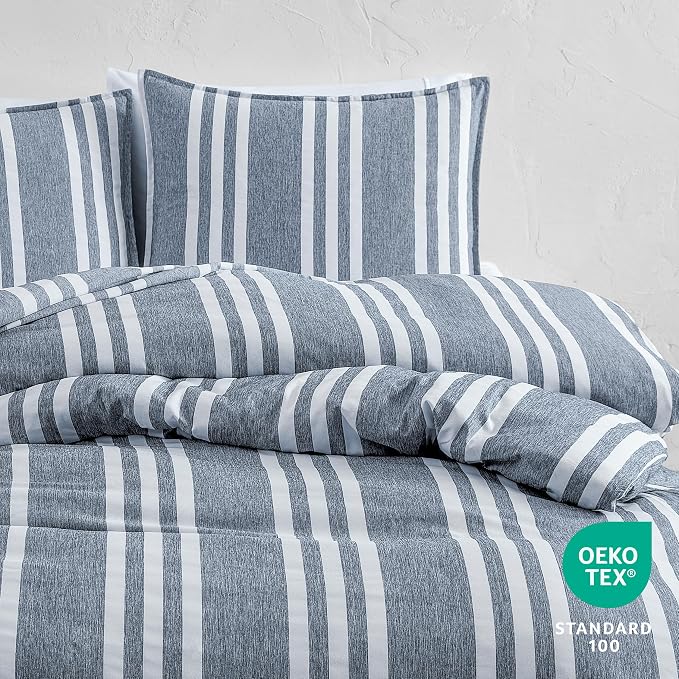 Bare Home Bedding Duvet Cover Queen Size - Premium 1800 Super Soft Collection - Lightweight, Cooling, Soft Breathable Duvet Cover (Queen, Stripe - Heathered Midnight Blue)