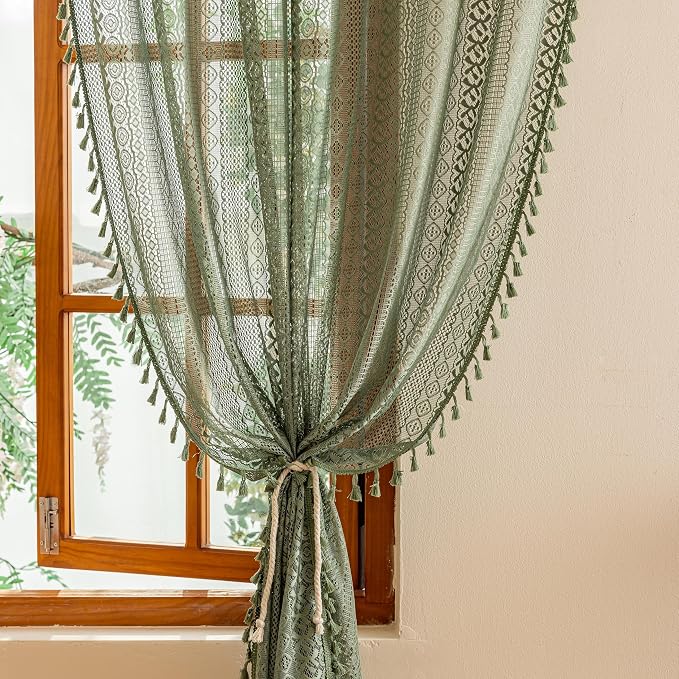 Sutuo Home Boho Sheer Curtains 63 Inch Length for Nursery Bedroom, Lace Curtains Crochet Vintage Country Tassels Bohemian Privacy Window Treatment Xmas Decor Rod Pocket, 2 Panels 50" W,Olive Green