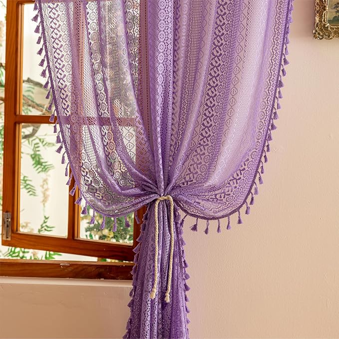 Sutuo Home Boho Curtains 2 Panels, Purple Lace Curtains for Kitchen Kid's Room Semi Sheer Crochet Vintage Country Rustic Tassels Bohemian Drape Privacy Window Treatments Rod Pocket, 50" x 63" Lavendar