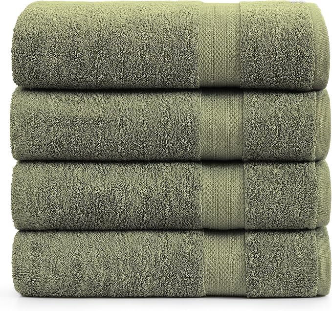 LANE LINEN Bath Towel Set 100% Cotton 4 Piece Soft Absorbent - Oil Green | Shower Towels - Generously Sized, Oversized & Roomy, Lightweight & Breathable, Fade-Resistant Color, Classic Terry Weave