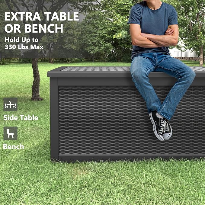 330 Gallon Outdoor Storage Box, Resin Large Deck Box Outdoor Waterproof Storage Bench with Lockable Lid for Patio Cushions, Garden Tools, Package Delivery, Pool Supplies, Black
