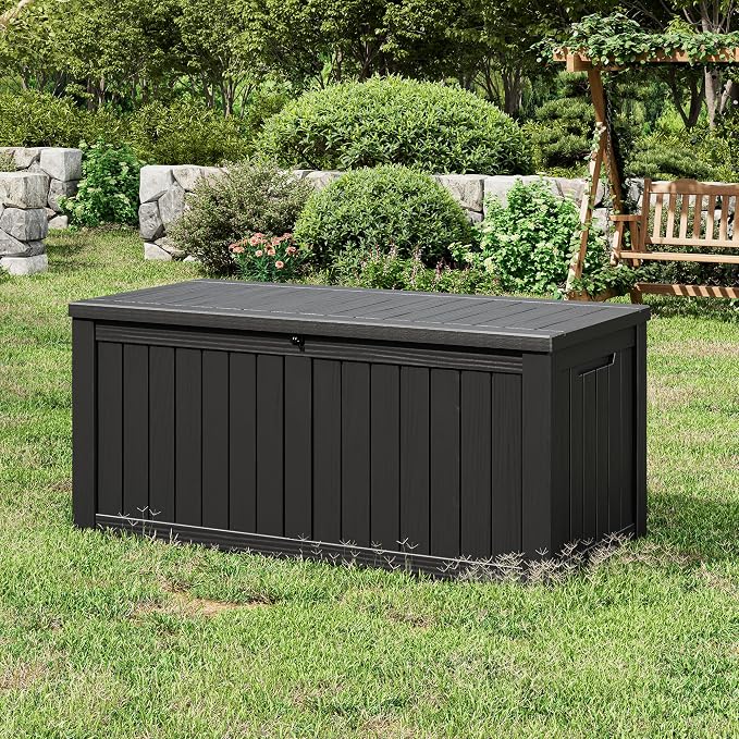 150 Gal Deck Box,Outdoor Storage Box Waterproof Lockable,Gas Lift,Black | Large Resin Deck Box, UV-resistant all-weather, lockable storage for patio furniture, garden tools, pool accessories, black