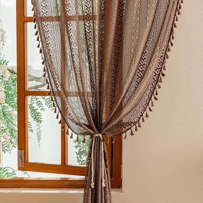 Sutuo Home Dark Coffee Boho Lace Curtains, Sheer Curtains 102 inches Long for Living Room Bedroom Light Filtering Caramel Privacy Vintage Tassels Bohemian Window Treatments Rod Pocket, 2 Panels 50" W