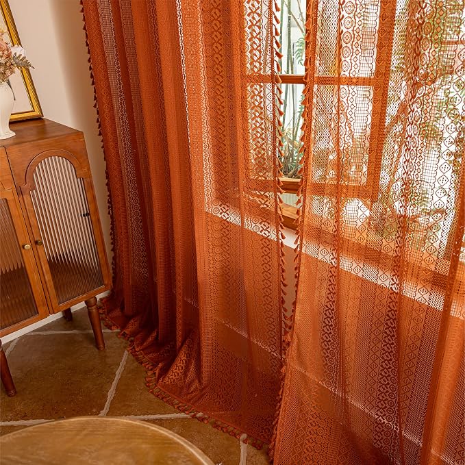 Sutuo Home Sheer Lace Boho Curtains 2 Panels for Living Room Home Office, Burnt Orange Window Curtains Farmhouse Privacy Vintage Chic Tassels Rustic Halloween Decor Rod Pocket, 50" x 102" Terracotta