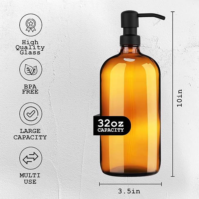 Kitchentoolz Large Pump Bottle - 32 Ounce Glass Shampoo and Soap Dispenser - Amber