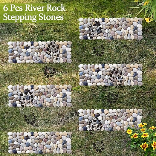 Sunnyglade 6 Pcs 15.5" × 5.5" River Rock Stepping Stones Rectangles Pebbles | Rectangles Pebbles Polished Gravel, Outdoor Pebble River Stone Mat for Patio Pathway Landscaping Pavers for Outside Walkway