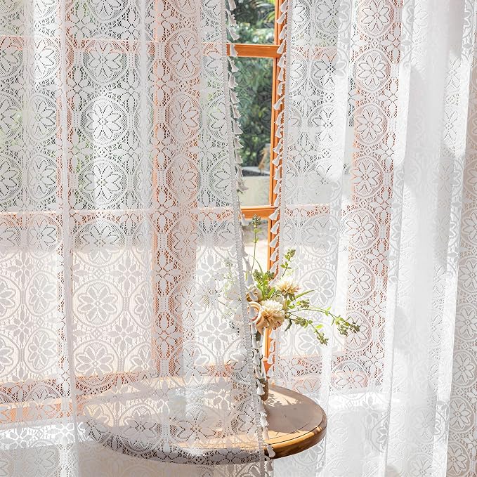 Sutuo Home White Boho Sheer Curtains 84 inches Long for Bedroom Living Room, Ivory Lace Curtains Cottage Bohemian Farmhouse Vintage Crochet Tassels Victorian Floral Privacy Rod Pocket, 2 Panels 50" W