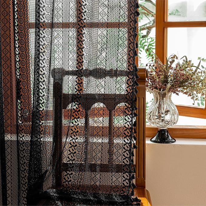 Sutuo Home Black Boho Sheer Curtains 84 inches Long for Bedroom Living Room, Bohemian Lace Window Curtains Crochet Privacy Farmhouse Vintage Chic Tassels Darkening Decor Rod Pocket, 2 Panels 50" W