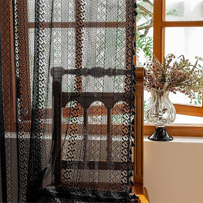 Sutuo Home Lace Boho Curtains 2 Panels for Kitchen Nursery, Semi Sheer Curtains Crochet Vintage Chic Tassels Bohemian Rustic Long Strips Privacy Window Treatments Geometry Rod Pocket, 50" x 63" Black