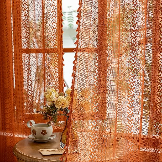 Sutuo Home Sheer Lace Boho Curtains 2 Panels for Living Room Home Office, Burnt Orange Window Curtains Farmhouse Privacy Vintage Chic Tassels Rustic Halloween Decor Rod Pocket, 50" x 102" Terracotta
