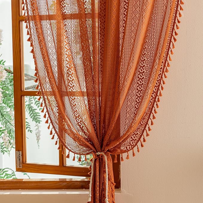 Sutuo Home Boho Sheer Curtains 63 Inch Length for Kitchen Nursery, Lace Curtains Burnt Orange Crochet Vintage Country Tassels Bohemian Privacy Rustic Geometry Rod Pocket, 2 Panels 50" x 63" Terracotta