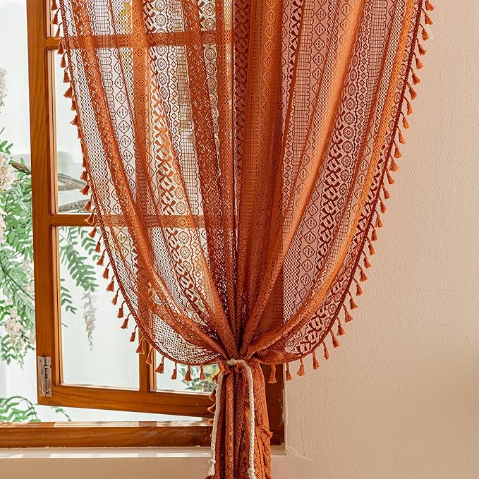 Sutuo Home Boho Lace Curtains 2 Panel Sets for Bedroom Living Room, Semi Sheer Curtains French Country Privacy Vintage Tassels Orange Victorian Style Rustic Decor Rod Pocket,50" x 96" Terracotta