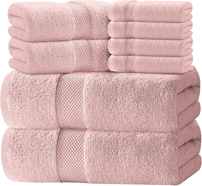White Classic Luxury Bath Towel Set of 8 Pieces - 100% Turkish Cotton Highly Absorbent Towels for Bathroom, 2 Luxury Bath Towels 700GSM, 2 Hand Towels, 4 Washcloths, Pink