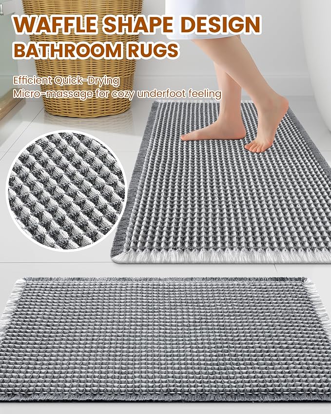 Smiry Waffle Bath Mat 72x24, Extra Soft Absorbent Bathroom Rugs, Non Slip Machine Washable Quick Dry Bath Rugs for Bathroom Floor, Tub, Shower, Home Decor Accessories, Darkgrey & Cream