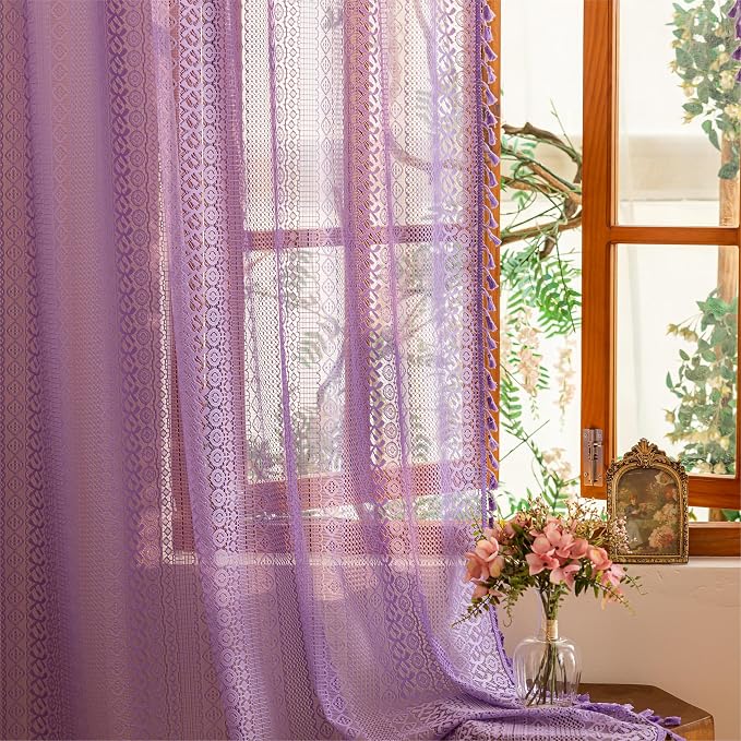 Sutuo Home Boho Curtains 2 Panels, Purple Lace Curtains for Kitchen Kid's Room Semi Sheer Crochet Vintage Country Rustic Tassels Bohemian Drape Privacy Window Treatments Rod Pocket, 50" x 63" Lavendar