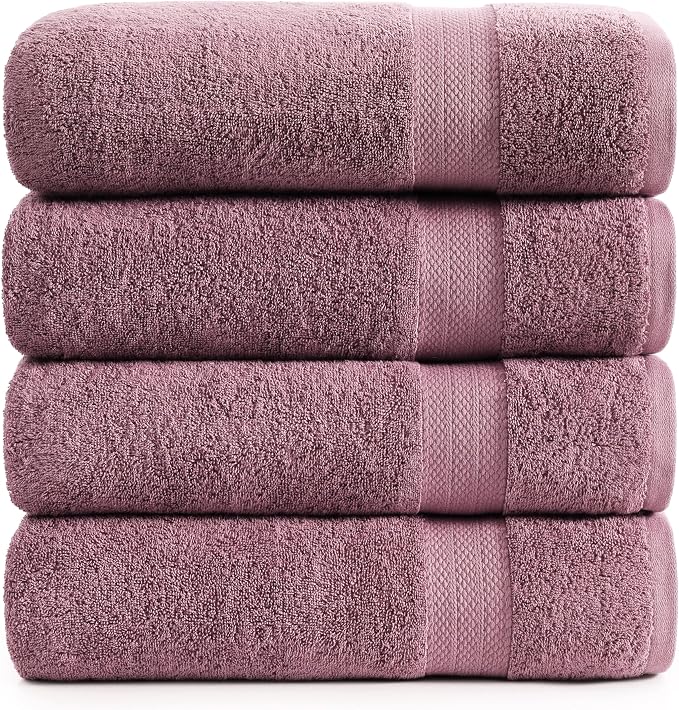LANE LINEN Bath Towel Set Quick Dry 100% Cotton 4 Piece - Wishful Mauve | Cotton Towels - Classic Terry Weave, Densely Woven, Coordinated Colors, Dobby Border Accent, OEKO-TEX Certified