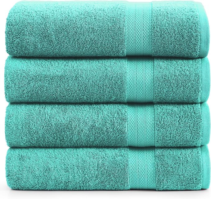LANE LINEN Bathroom Towels Set (4 Pack)- 100% Cotton Luxury Bath Towels for Bathroom, Soft Shower Towels, Quick Dry Turkish Bath Towels, Super Absorbent Hotel Quality Bath Towel Set (28"x 54")- Teal | Set Of Towels - Dobby Border Accent, OEKO-TEX Certi...