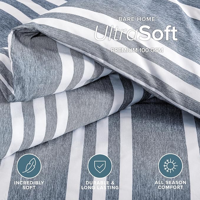 Bare Home Bedding Duvet Cover Extra Long Size - Premium 1800 Super Soft Collection - Lightweight - Soft Textured Duvet Cover (Twin/Twin XL, Stripe - Heathered Midnight Blue)