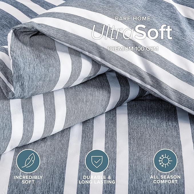 Bare Home Bedding Duvet Cover King Size - Premium 1800 Super Soft Collection - Lightweight, Cooling - Soft Breathable Bedding Duvet Cover (King, Stripe - Heathered Midnight Blue)
