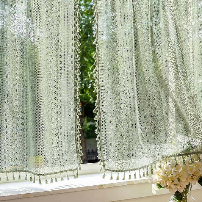 Sutuo Home Sage Green Lace Boho Curtains Drape 2 Panels 45 Inch Length | Semi Sheer Small Window Curtains for Kitchen Cafe Crochet Vintage Tassels Bohemian Privacy Rustic Geometry Rod Pocket, 50" W